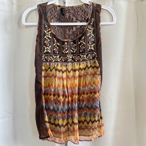 Vtg Bellatrix Womens Top Y2K Silk XS Lace Boho Sequins Rustic Western 19398